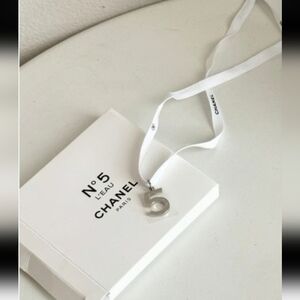 CHANEL No. 5 L'Eau Silver Tone Charm with White Ribbon Logo